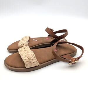 Steve Madden Thea Raffia Flat Sandal Adjustable Ankle Strap Girls Tan Size US5